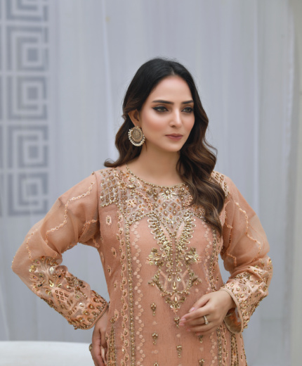 Luxury Peach Hand-Embellished Formal Suit with Organza Finish