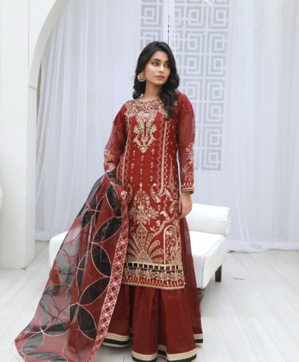 Maroon Luxury Embroidered Formal Suit with Organza Dupatta