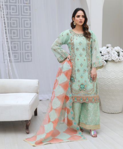 Mint Green & Peach Embroidered Formal Suit with Organza Dupatta