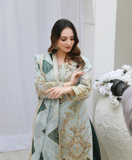 Sea Green & Gold Embroidered Formal Suit with Organza Dupatta