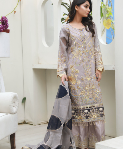 Grey & Gold Embroidered Formal Suit with Sharara and Organza Dupatta