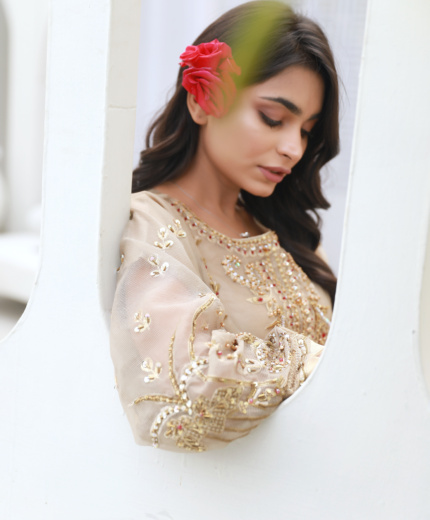 Beige & Maroon Luxury Embroidered Formal Suit with Organza Dupatta