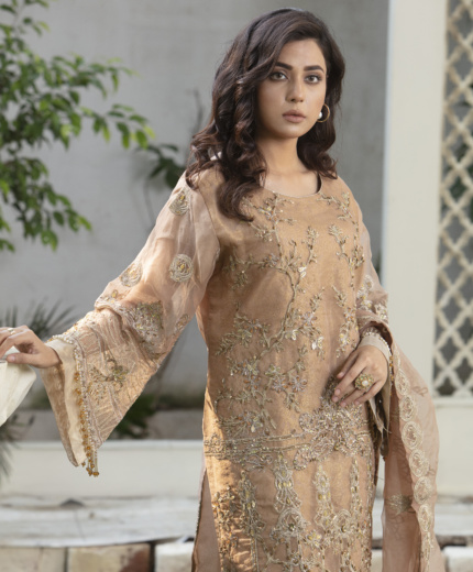 Elegant Peach Embroidered Organza Suit with Dupatta