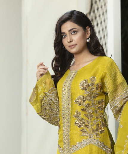 Mustard Yellow Embroidered Formal Suit with Organza Dupatta