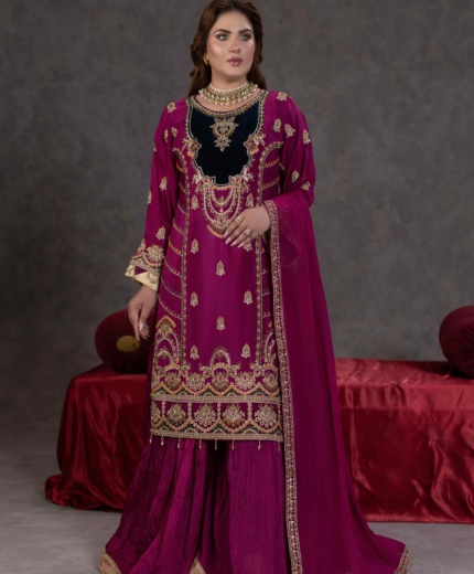 TS-21-B Deep Magenta luxury tassel silk shirt with crush silk sharara and chiffon dupatta by Hurrenoor
