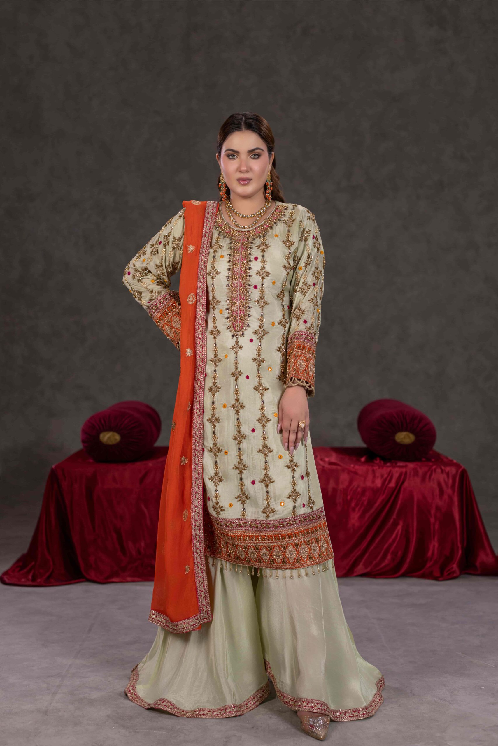 TS-05-A Ivory Tassel Silk Shirt with Sharara & Contrast Chiffon Dupatta - Image 2