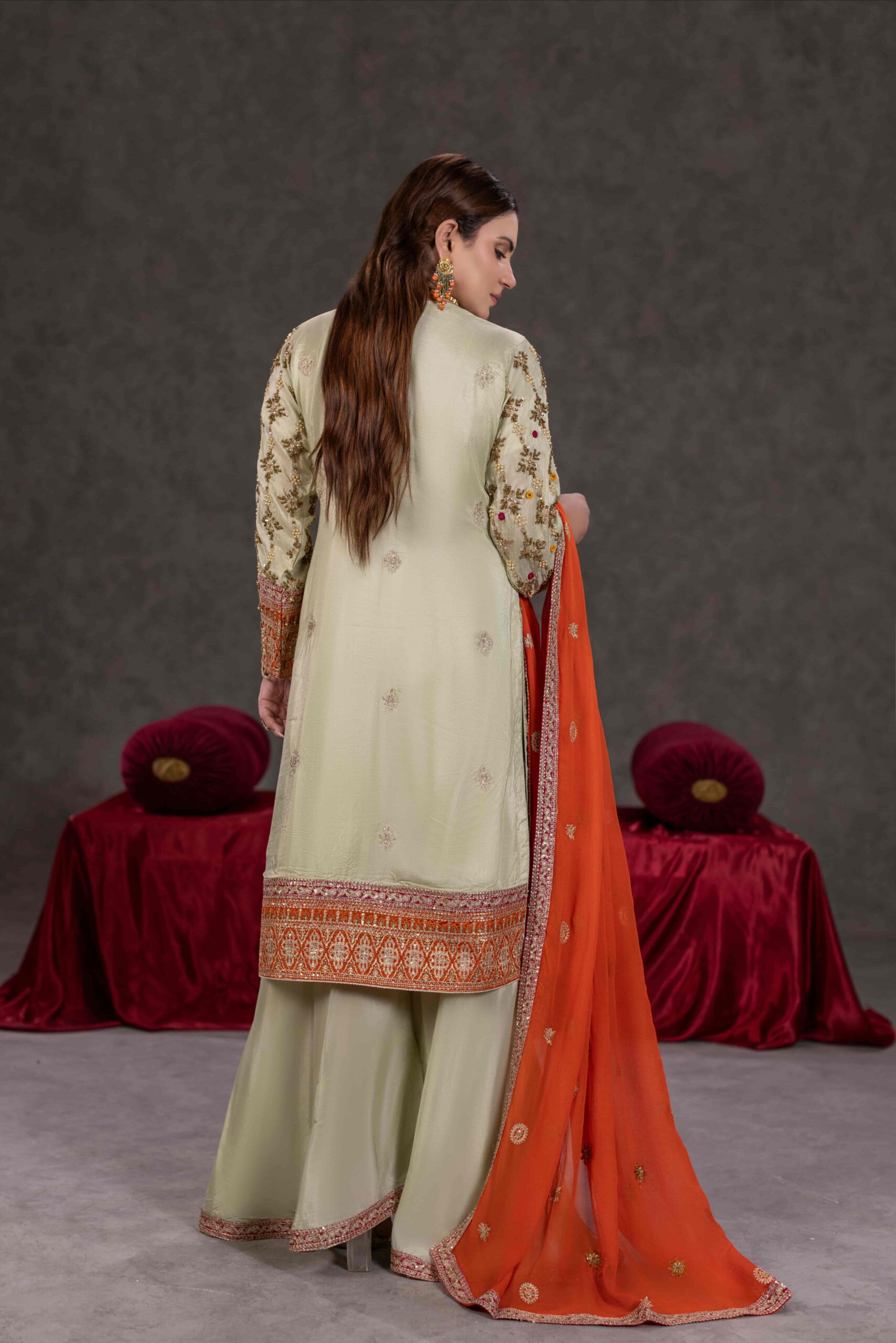 TS-05-A Ivory Tassel Silk Shirt with Sharara & Contrast Chiffon Dupatta - Image 3