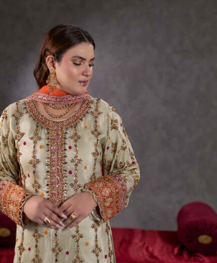 TS-05-A ivory tassel silk shirt with tassel silk sharara and contrast chiffon dupatta by Hurrenoor