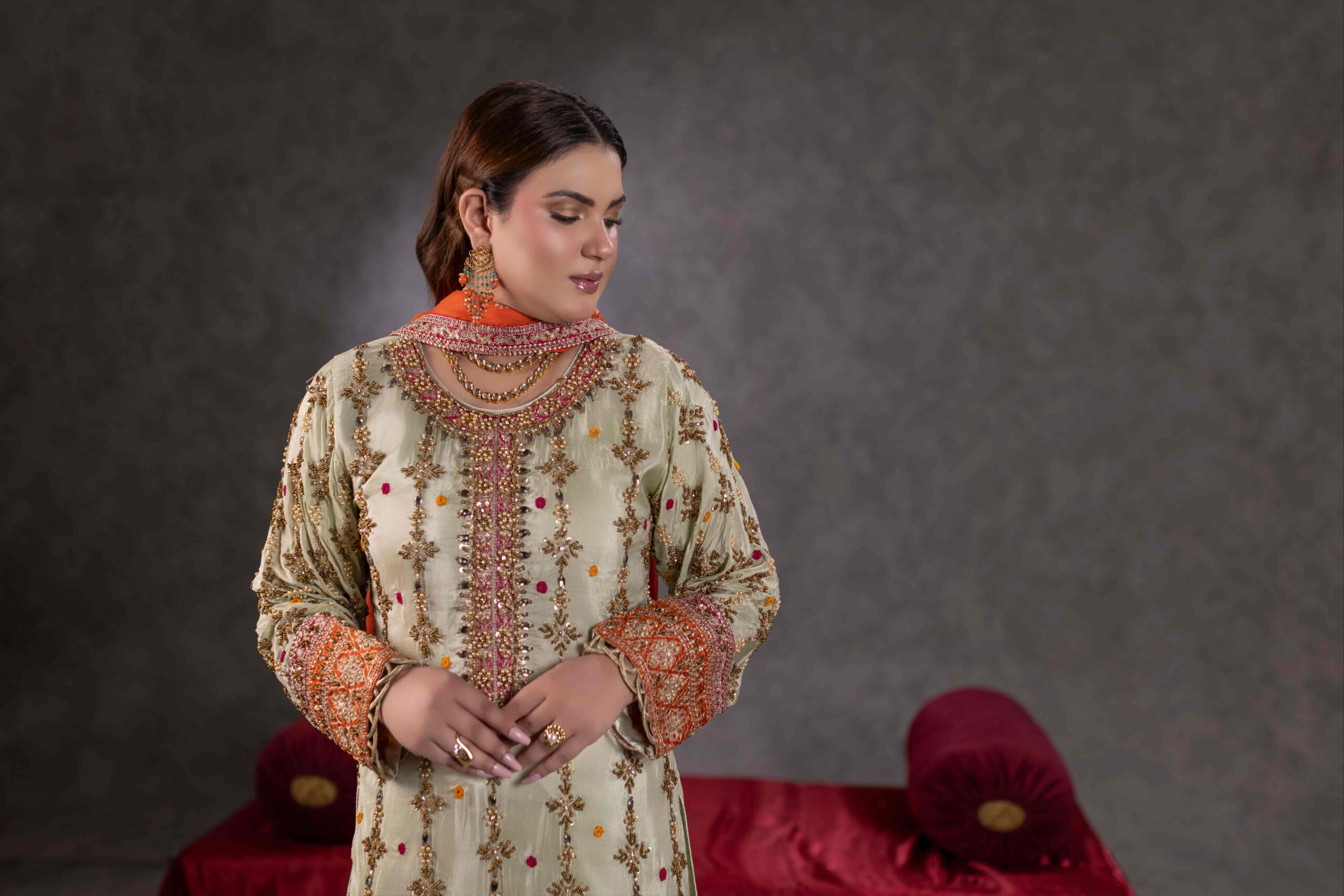 TS-05-A ivory tassel silk shirt with tassel silk sharara and contrast chiffon dupatta by Hurrenoor