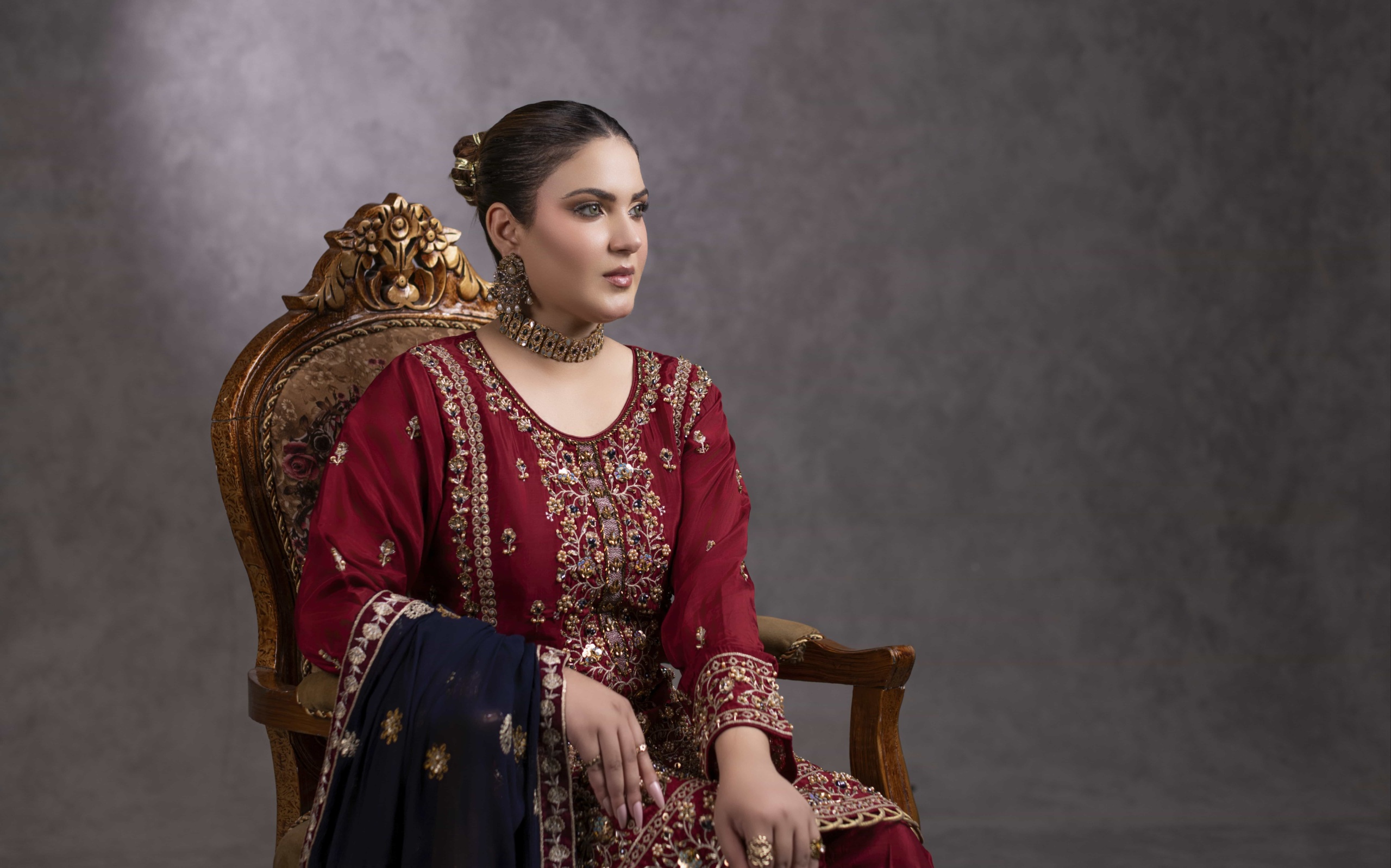 Tehzeeb luxury maroon embroidered Pakistani dress with navy dupatta by Hurr e Noor