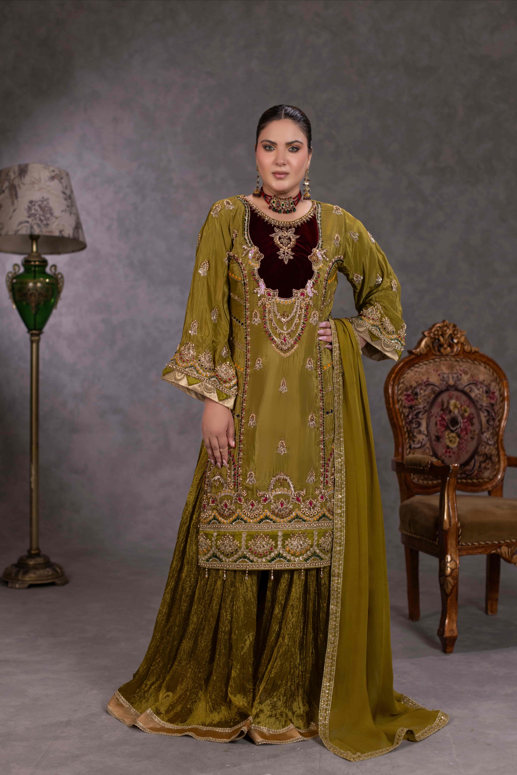 TS-21-A Olive Green Luxury Tassel Silk Sharara Set | Tehzeeb Collection - Image 2