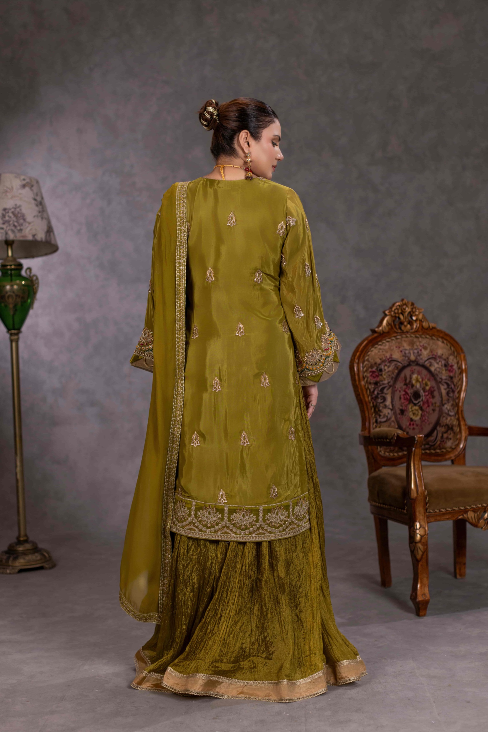 TS-21-A Olive Green Luxury Tassel Silk Sharara Set | Tehzeeb Collection - Image 3