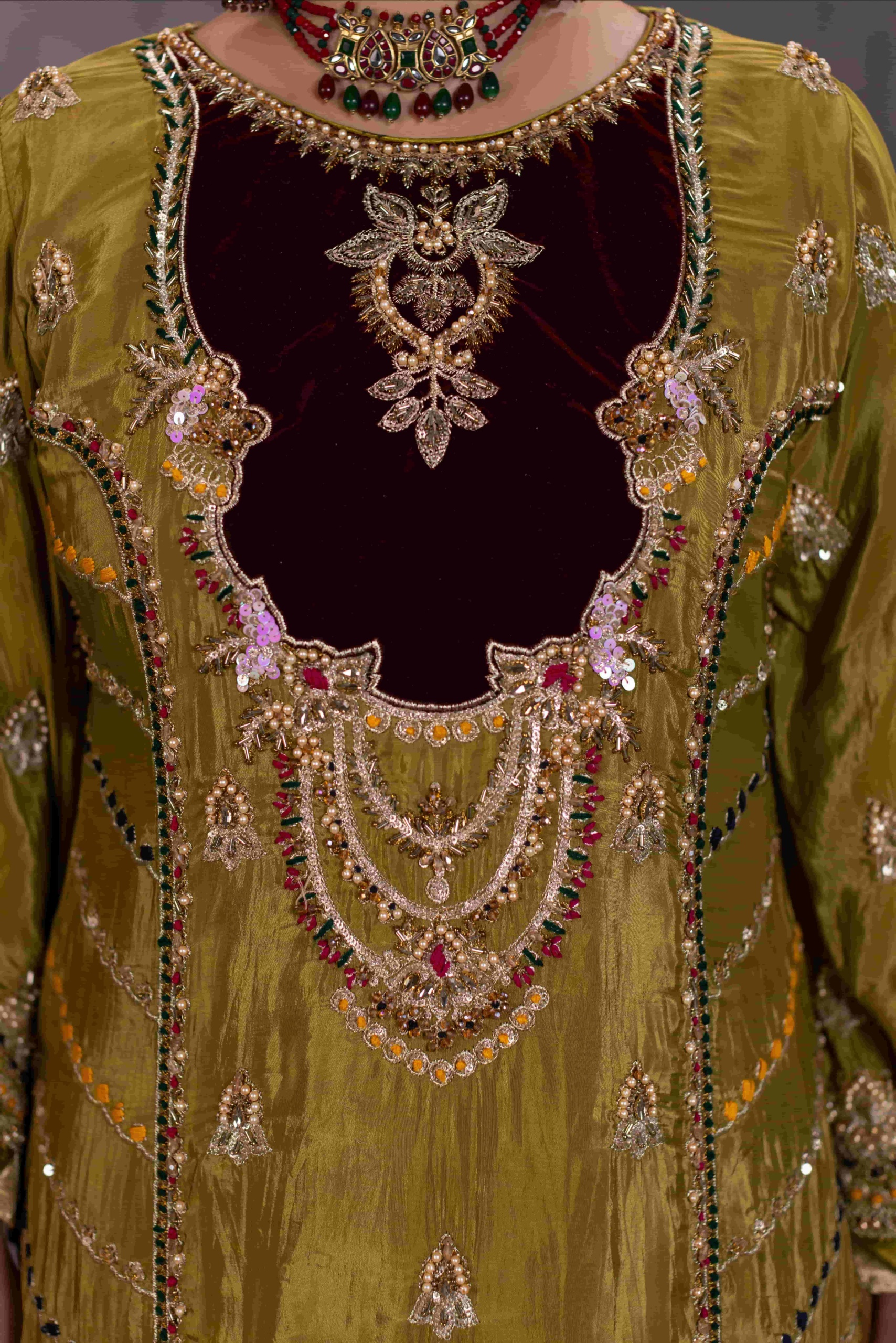TS-21-A Olive Green Luxury Tassel Silk Sharara Set | Tehzeeb Collection - Image 4
