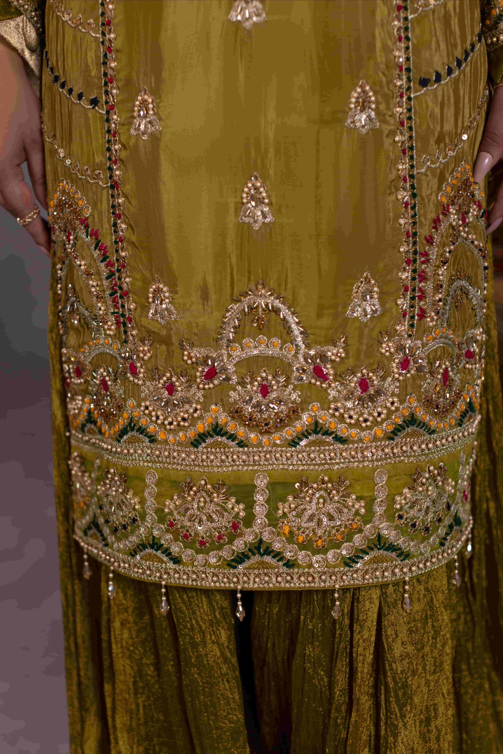 TS-21-A Olive Green Luxury Tassel Silk Sharara Set | Tehzeeb Collection - Image 5