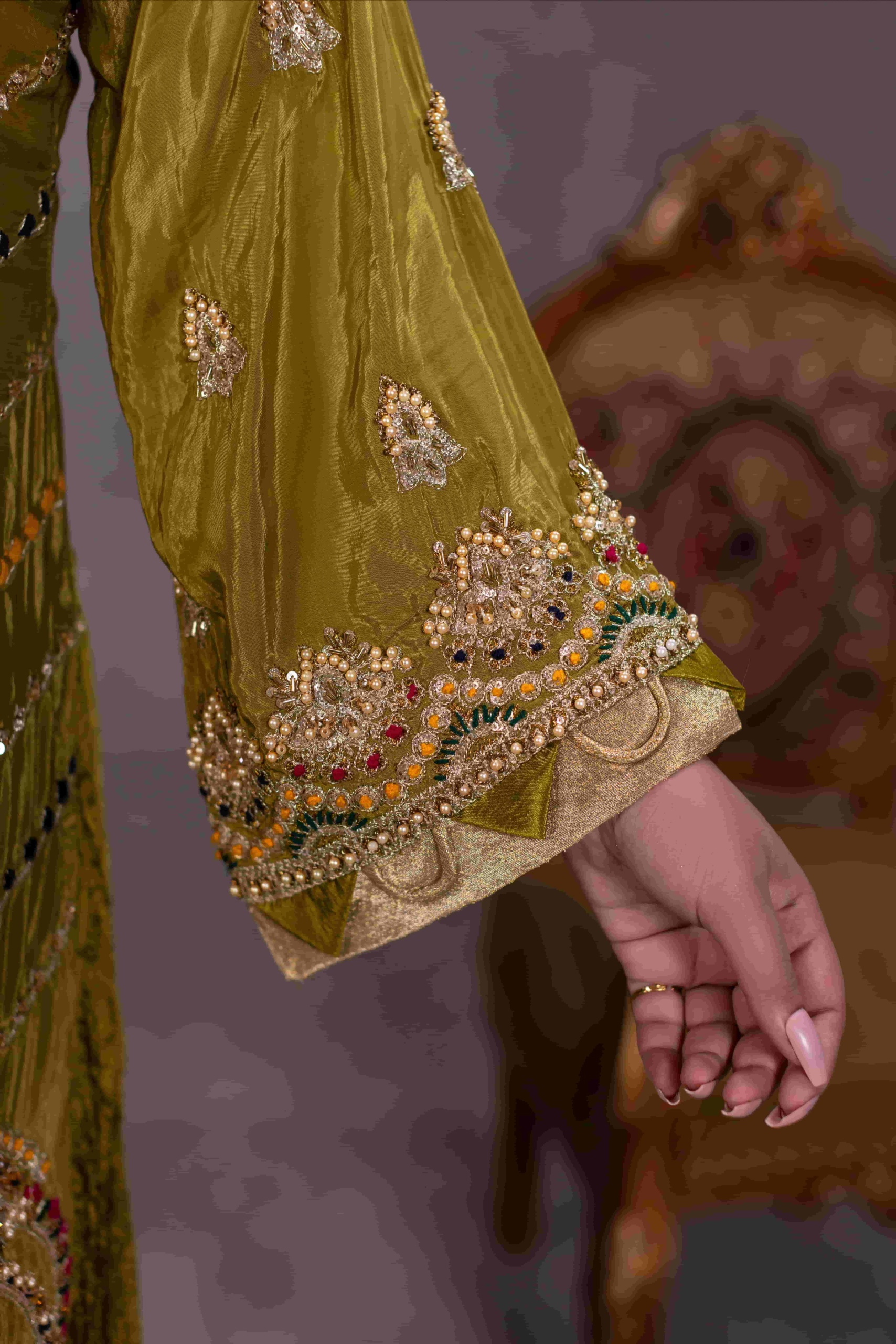 TS-21-A Olive Green Luxury Tassel Silk Sharara Set | Tehzeeb Collection - Image 6