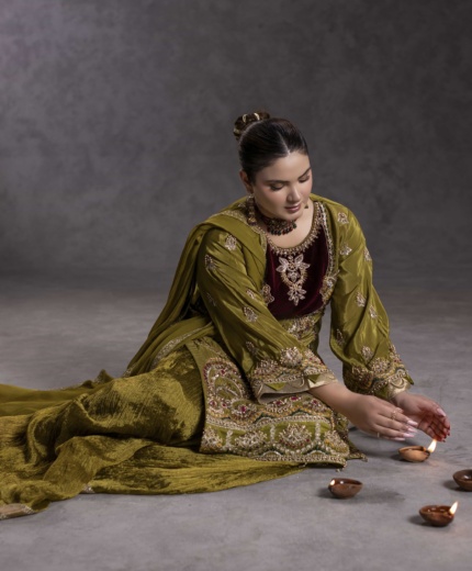 Tehzeeb luxury olive green embroidered Pakistani dress for women by Hurr e Noor