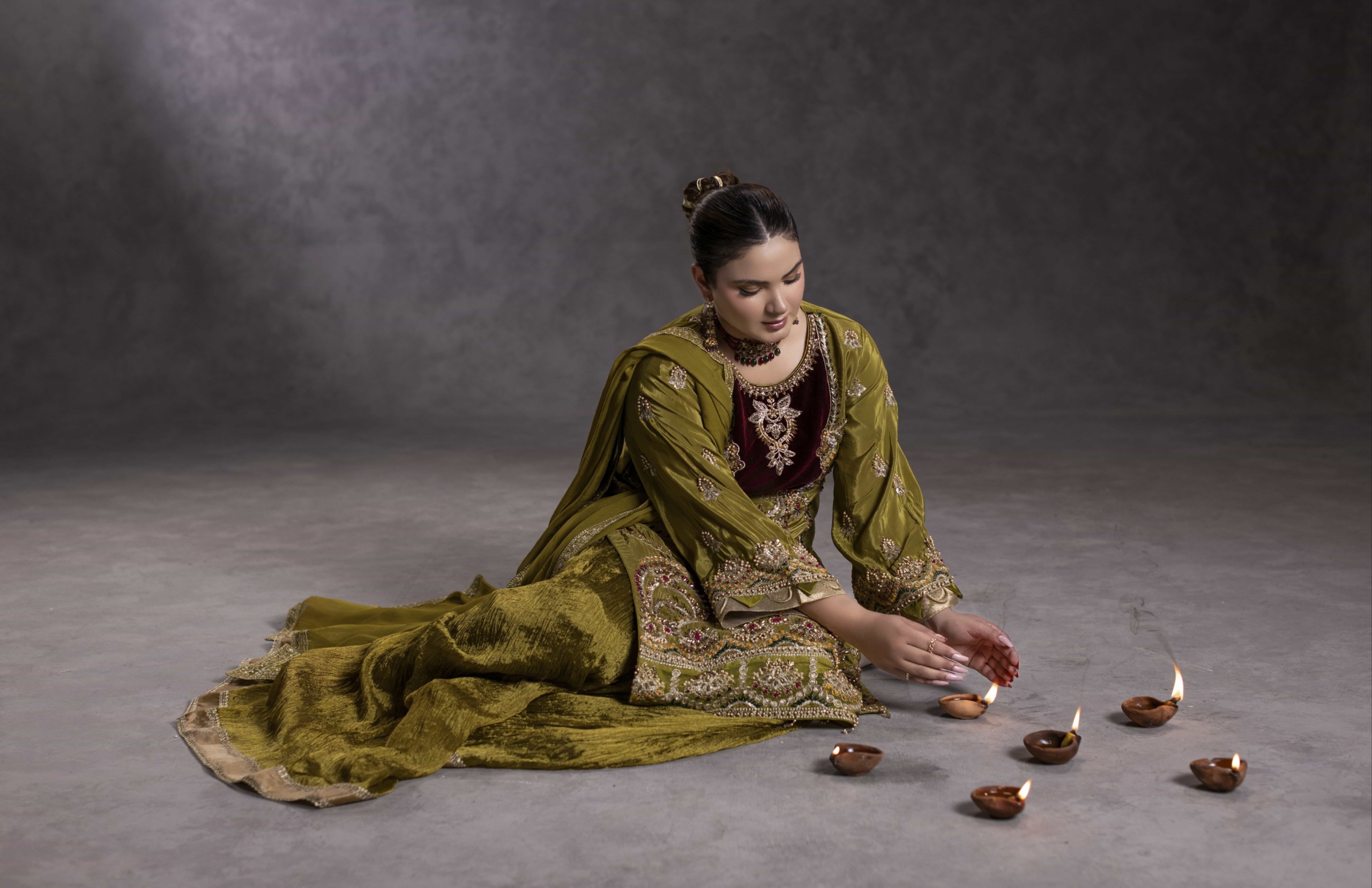 Tehzeeb luxury olive green embroidered Pakistani dress for women by Hurr e Noor