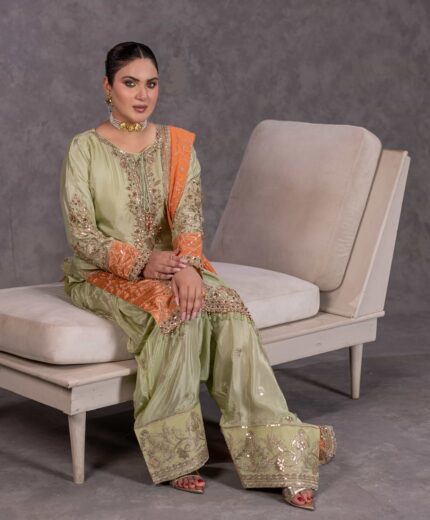TS-1305-A Pistachio Green Luxury Tassel Silk Farshi Shalwar Set | Tehzeeb Collection