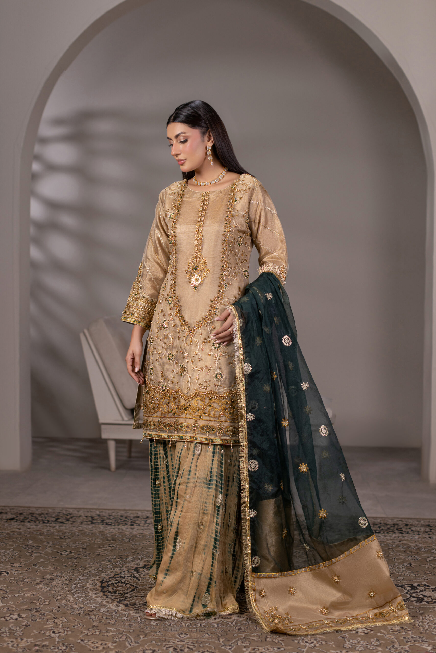 ZN-1306-B Regal Noor — Zari Net Shirt with Embroidered Sharara
