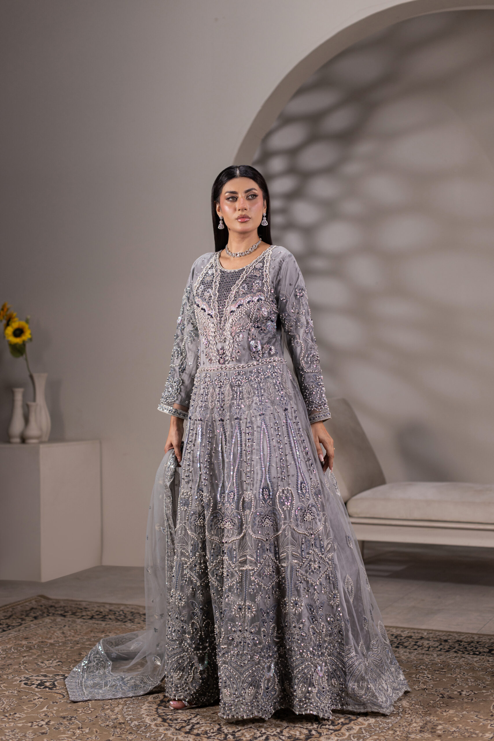 NT-1320-A Dove Gray — Breeza Net Maxi with Embroidered Dupatta - Image 2