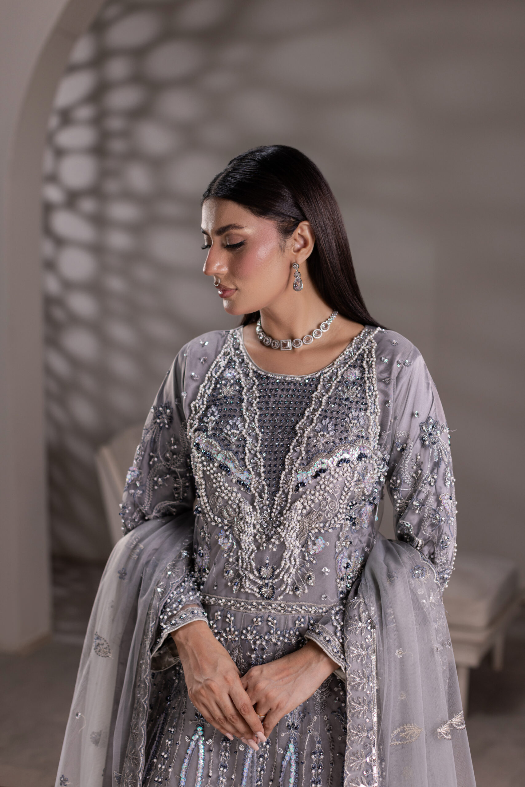 NT-1320-A Dove Gray — Breeza Net Maxi with Embroidered Dupatta - Image 3
