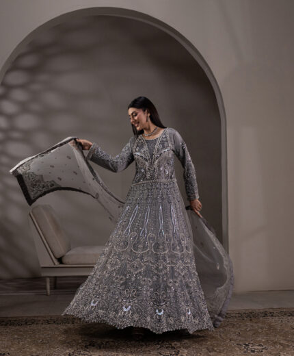 NT-1320-A Dove Gray — Breeza Net Maxi with Embroidered Dupatta