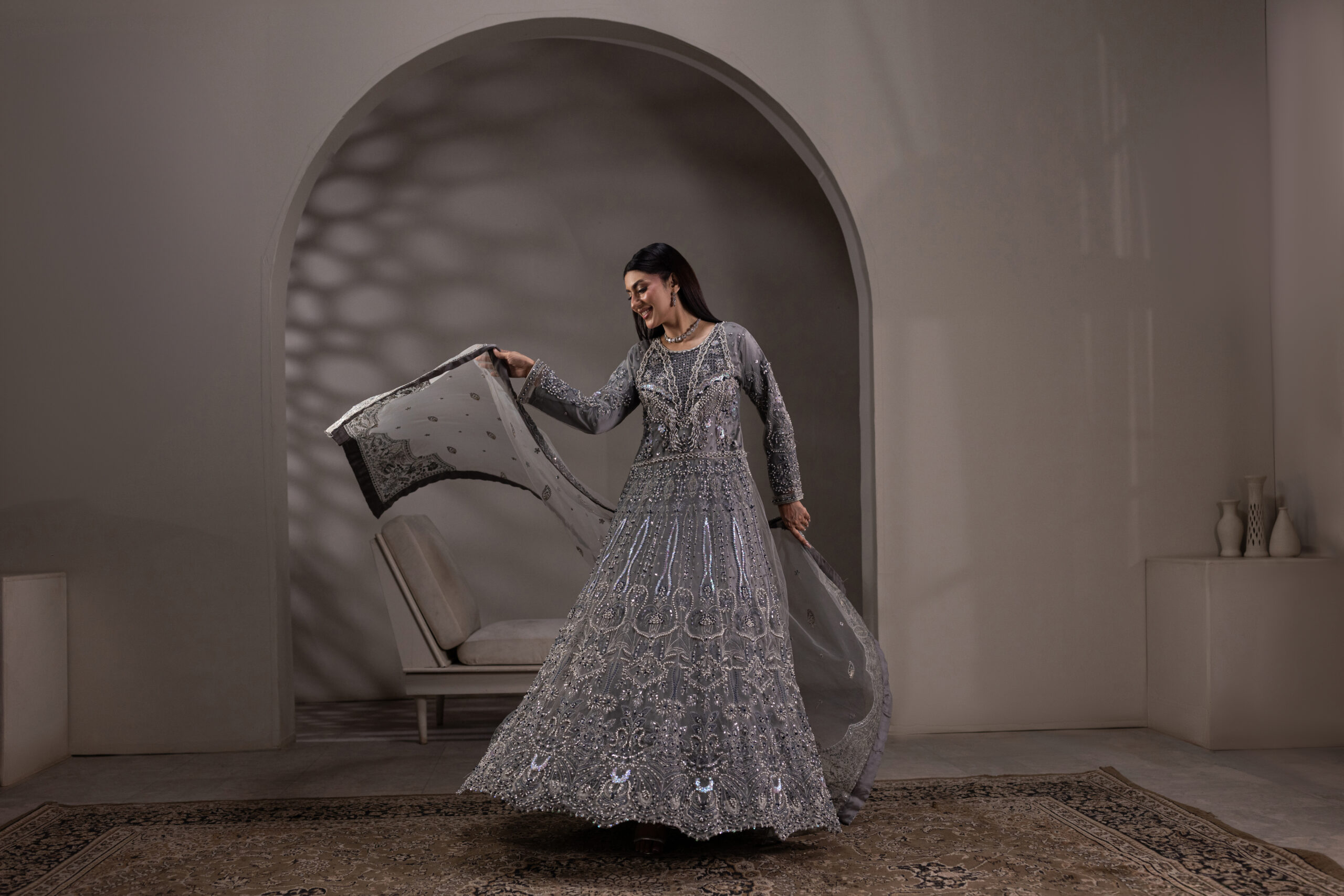 NT-1320-A Dove Gray — Breeza Net Maxi with Embroidered Dupatta