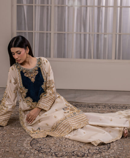 RS.166 Warm Ivory — Luxury Rosilk 3-Piece Ensemble with Chiffon Dupatta