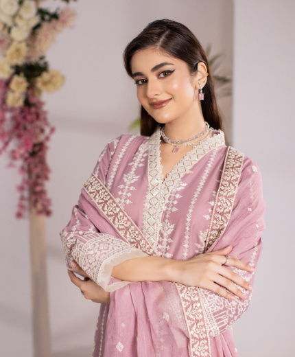 Blush Harmony — Dusty Pink Embroidered Cotton 3-Piece Suit for Women | Hurr e Noor