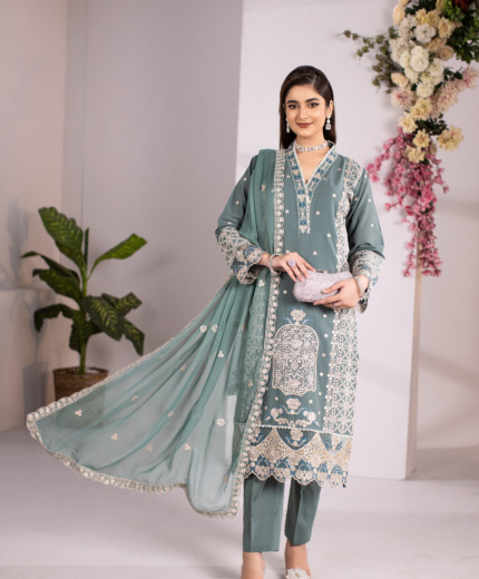 Sea Mist Elegance — Dusty Sea Green Embroidered Cotton 3-Piece Suit for Women | Hurr e Noor