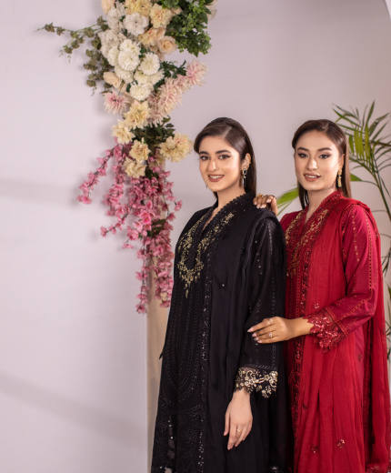Noir Royale — Black Embroidered Cotton 3-Piece Suit for Women | Hurr e Noor