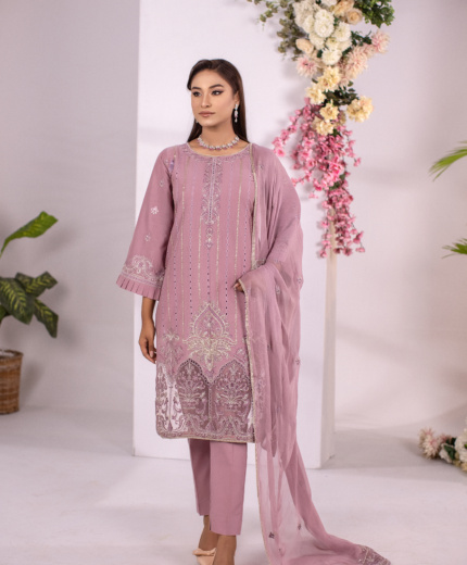 Rose Reverie — Dusty Pink Embroidered Cotton 3-Piece Suit for Women | Hurr e Noor