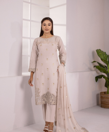 Champagne Grace — Blush Beige Embroidered Cotton 3-Piece Suit for Women | Hurr e Noor