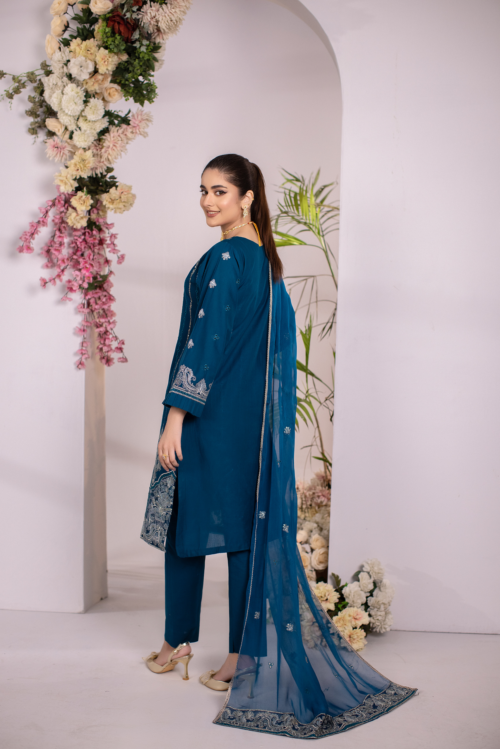 Teal Elegance — Peacock Blue Embroidered Cotton 3-Piece Suit for Women | Hurr e Noor - Image 4
