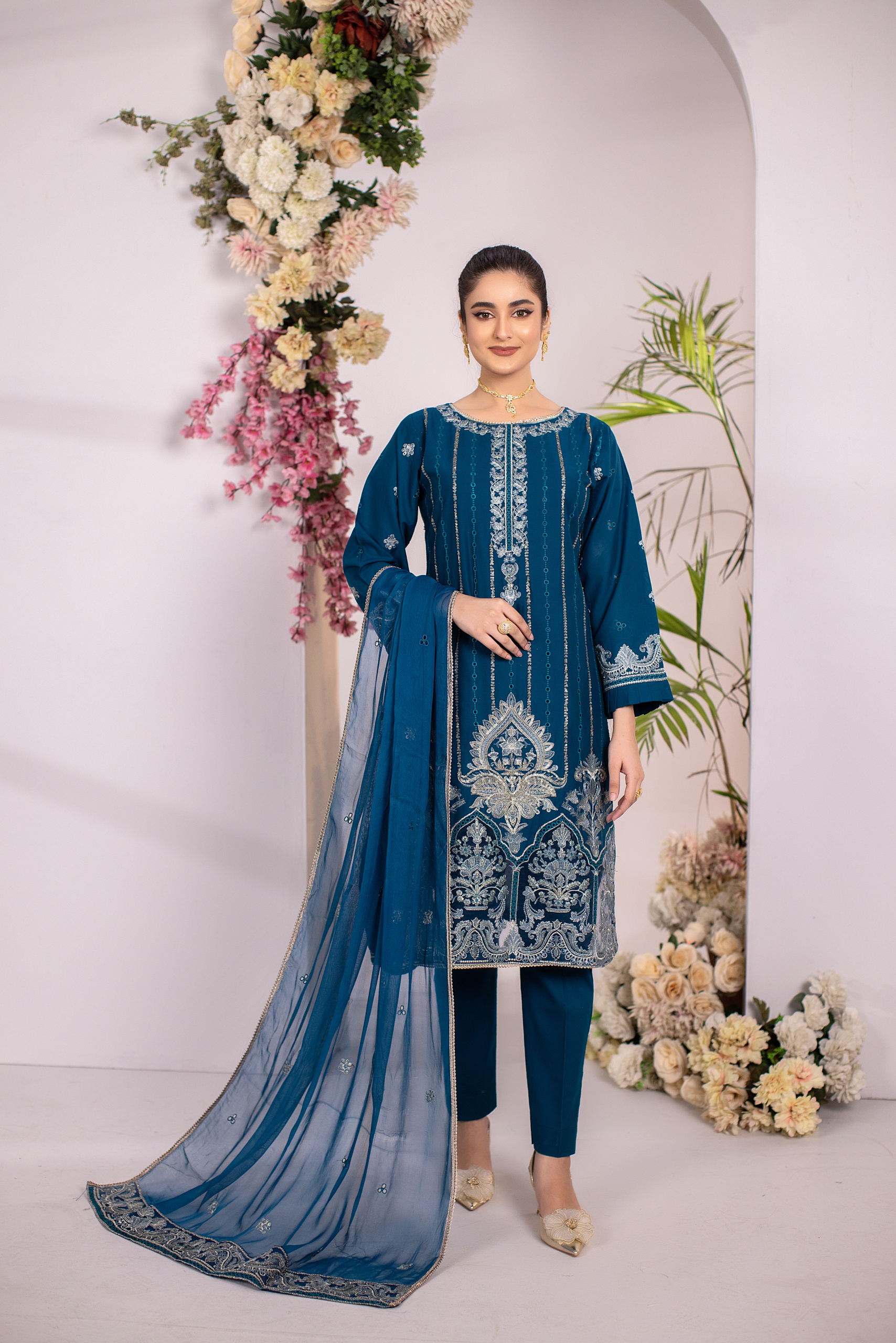 Teal Elegance — Peacock Blue Embroidered Cotton 3-Piece Suit for Women | Hurr e Noor - Image 2