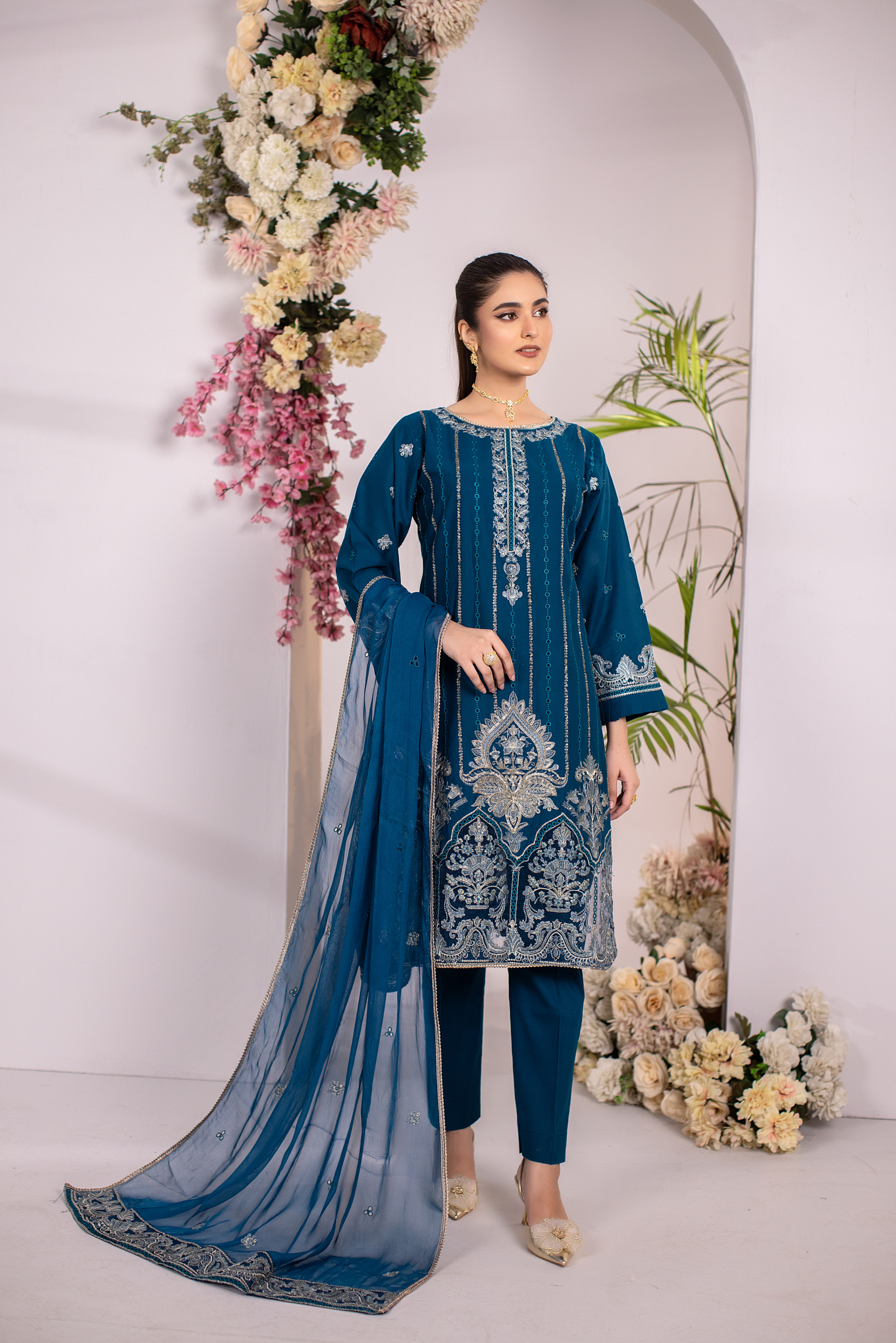 Teal Elegance — Peacock Blue Embroidered Cotton 3-Piece Suit for Women | Hurr e Noor - Image 6