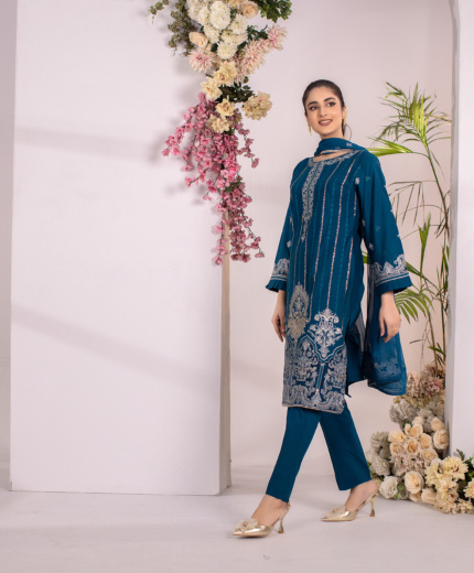 Teal Elegance — Peacock Blue Embroidered Cotton 3-Piece Suit for Women | Hurr e Noor