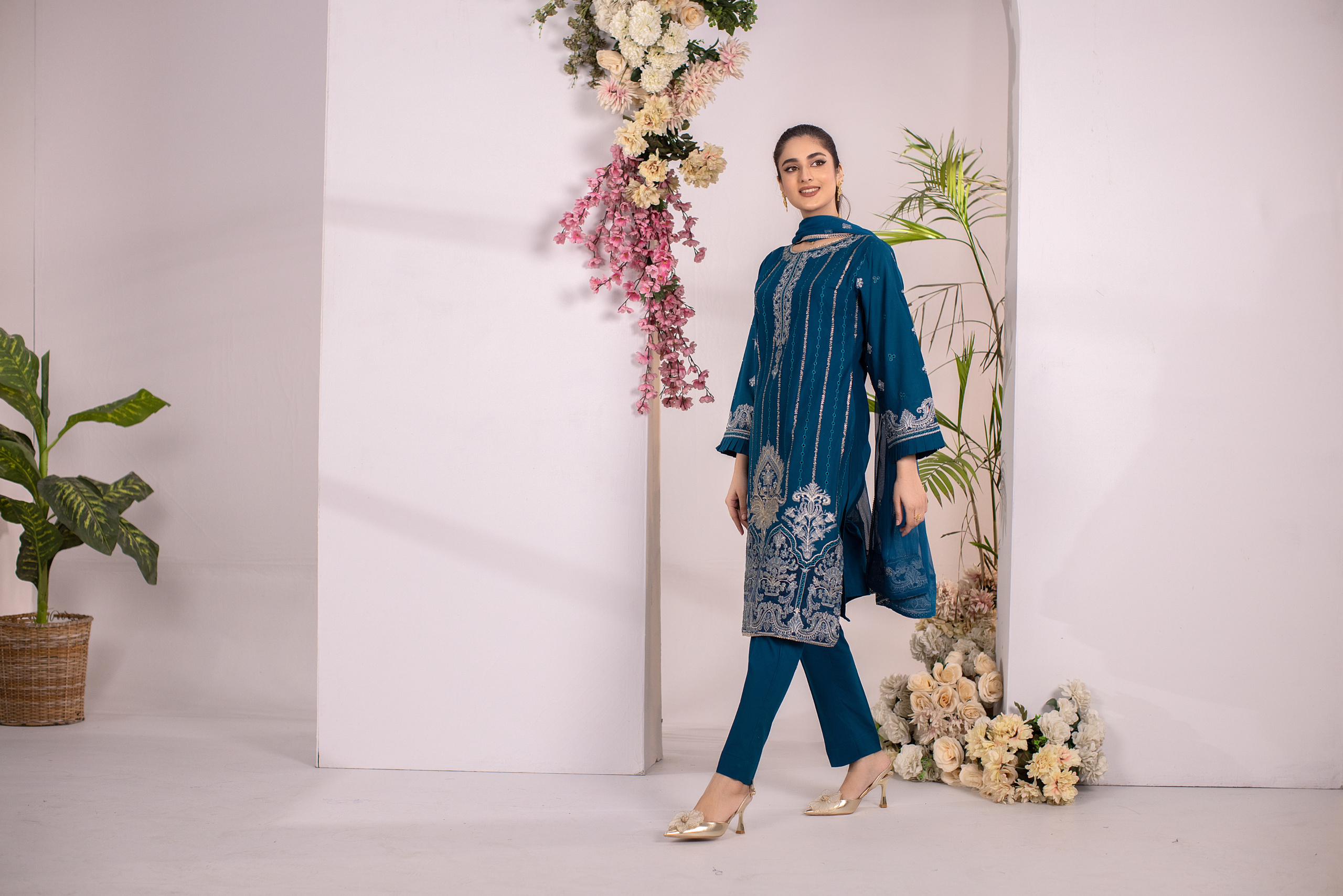 Teal Elegance — Peacock Blue Embroidered Cotton 3-Piece Suit for Women | Hurr e Noor