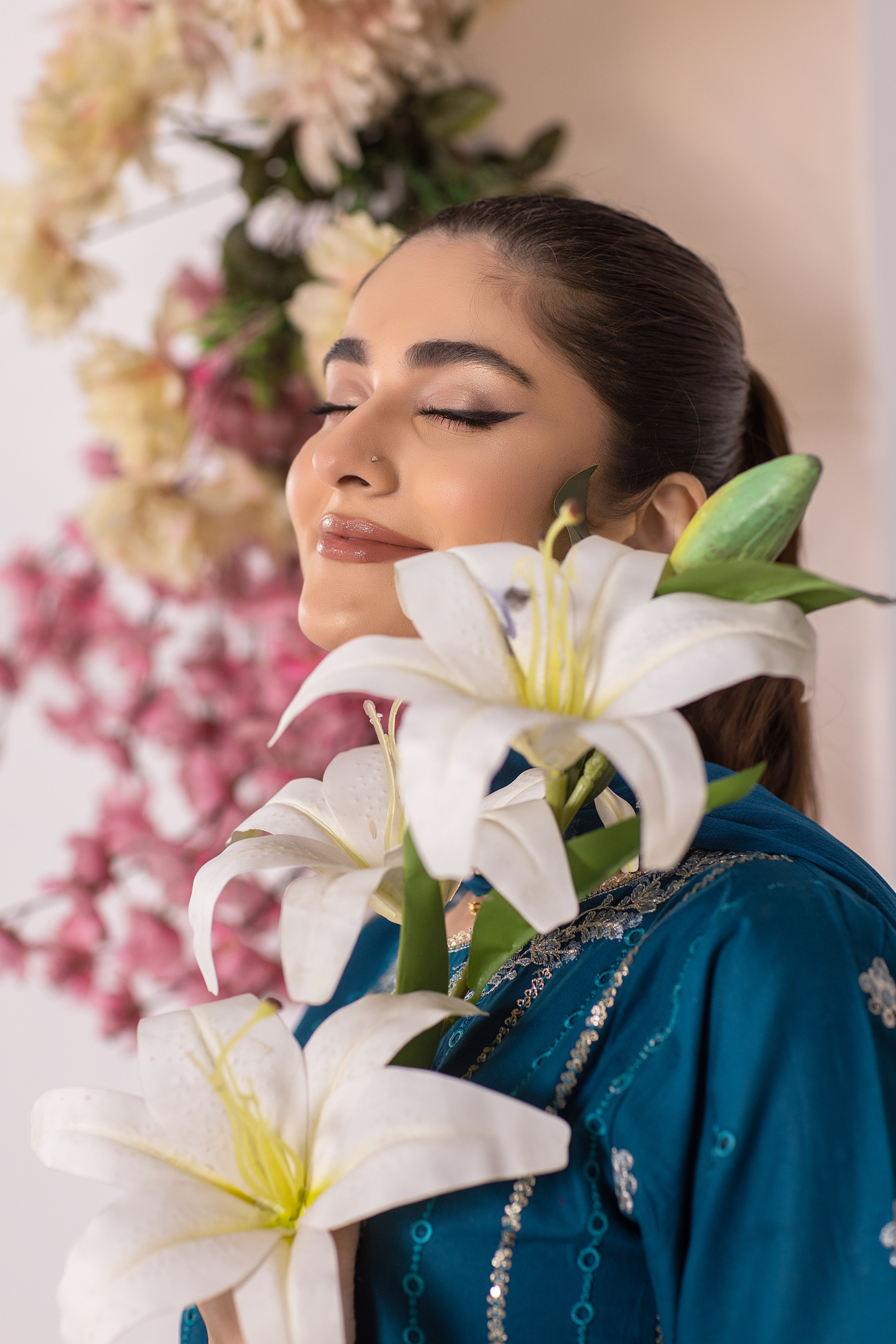 Teal Elegance — Peacock Blue Embroidered Cotton 3-Piece Suit for Women | Hurr e Noor - Image 3