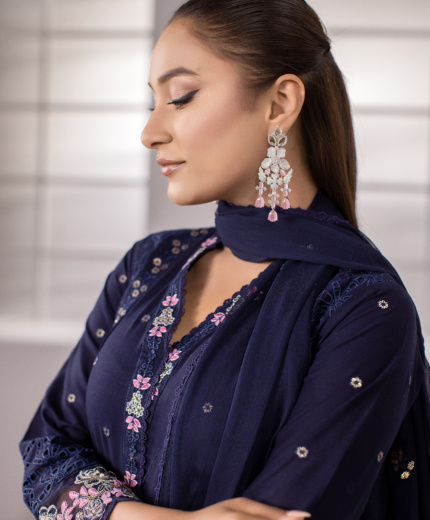 Midnight Bloom — Navy Blue Floral Embroidered Cotton 3-Piece Suit for Women | Hurr e Noor