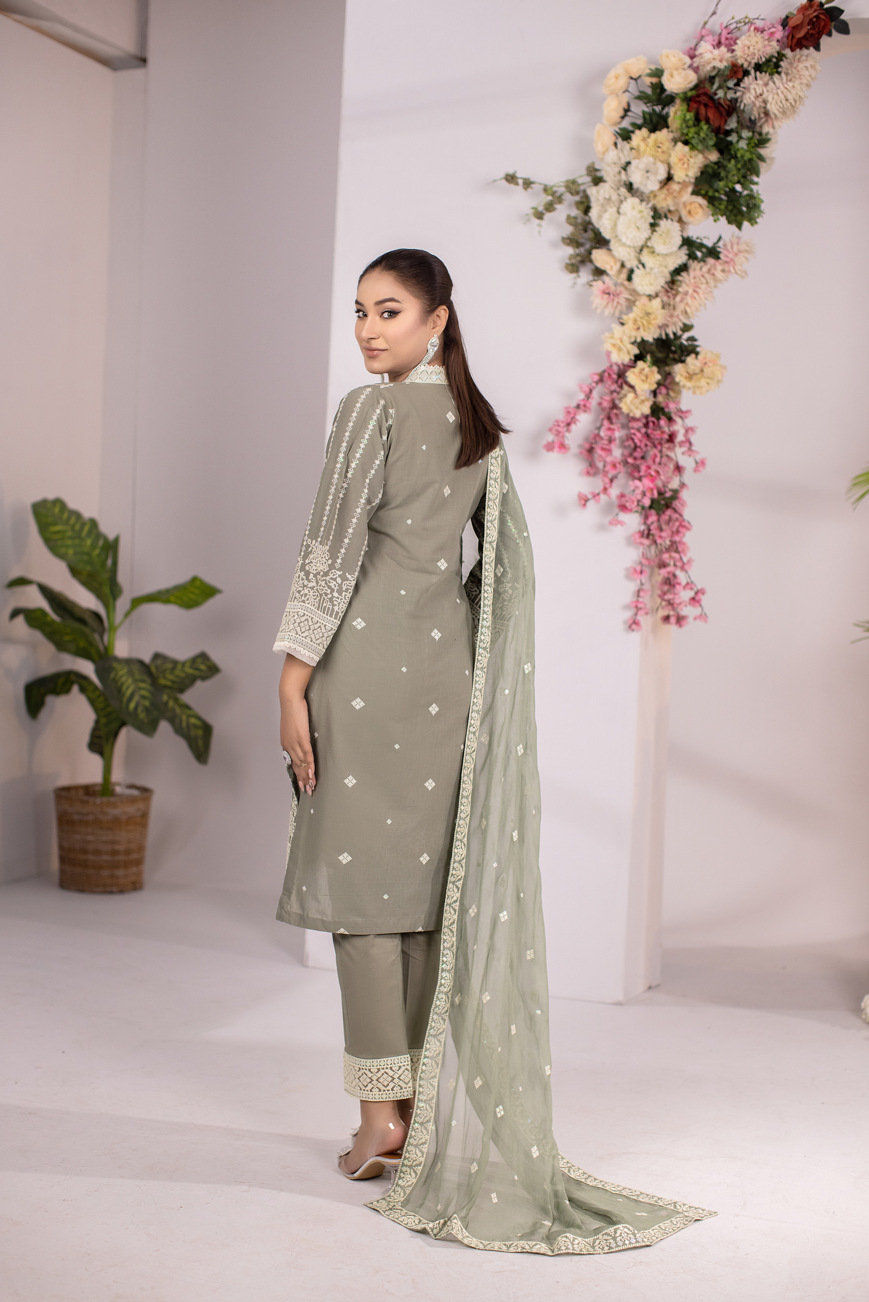 Sage Serenity — Sage Green Embroidered Cotton 3-Piece Suit for Women | Hurr e Noor - Image 3