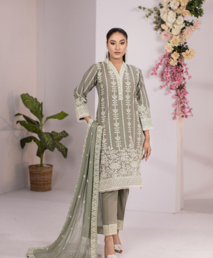 Sage Serenity — Sage Green Embroidered Cotton 3-Piece Suit for Women | Hurr e Noor