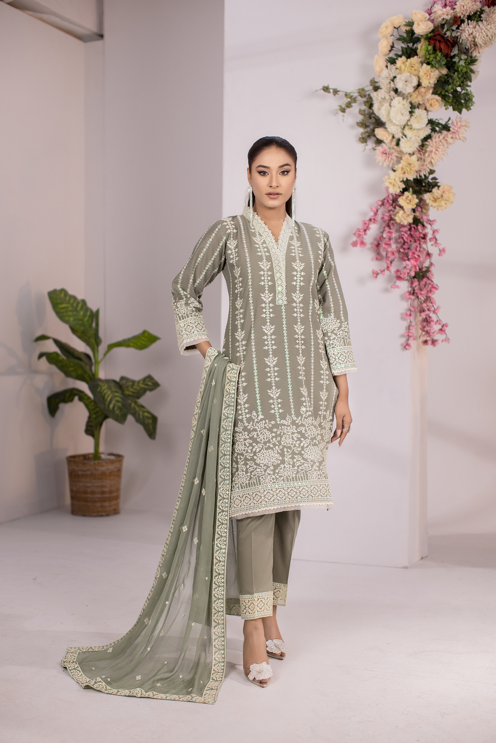 Sage Serenity — Sage Green Embroidered Cotton 3-Piece Suit for Women | Hurr e Noor