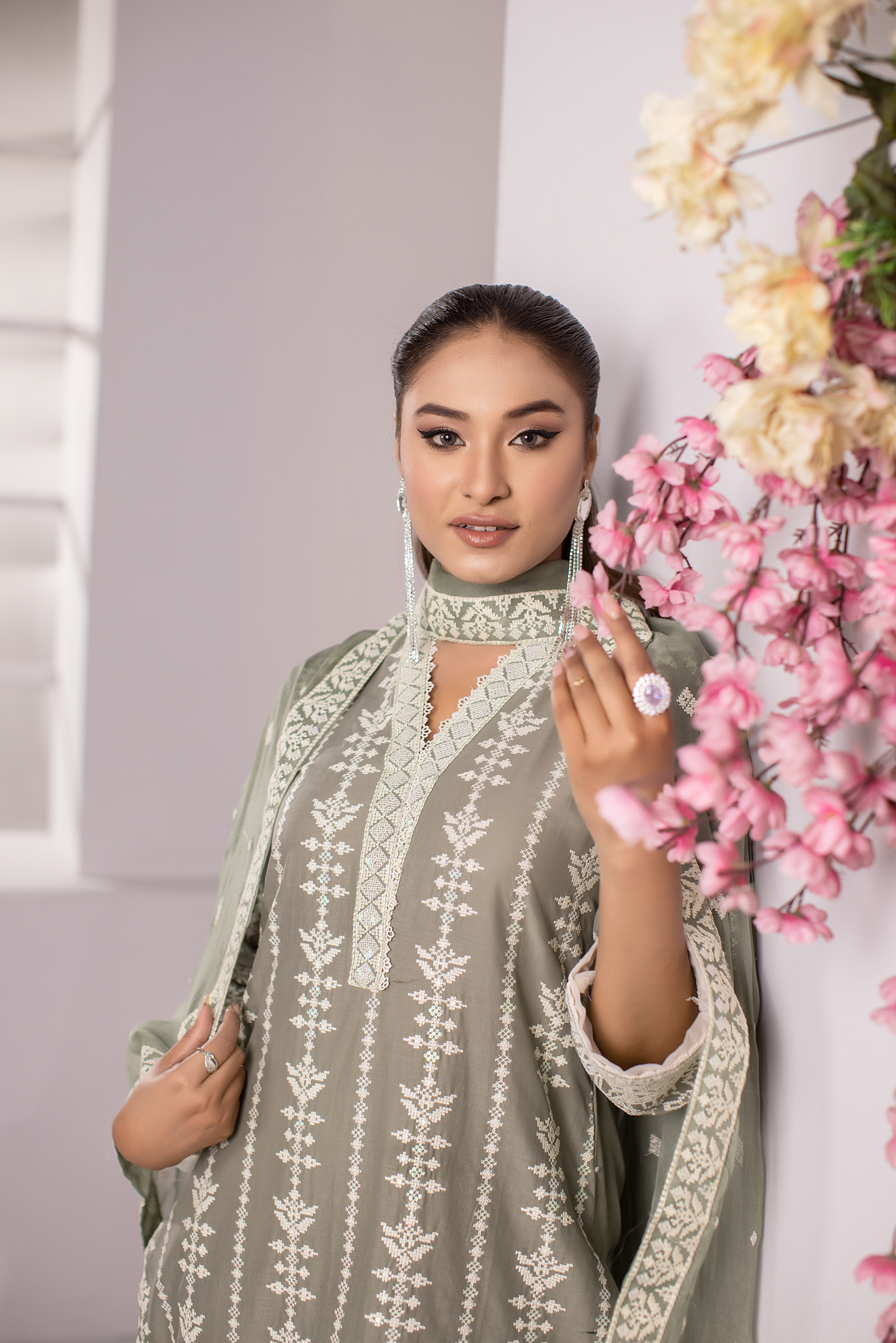 Sage Serenity — Sage Green Embroidered Cotton 3-Piece Suit for Women | Hurr e Noor - Image 4