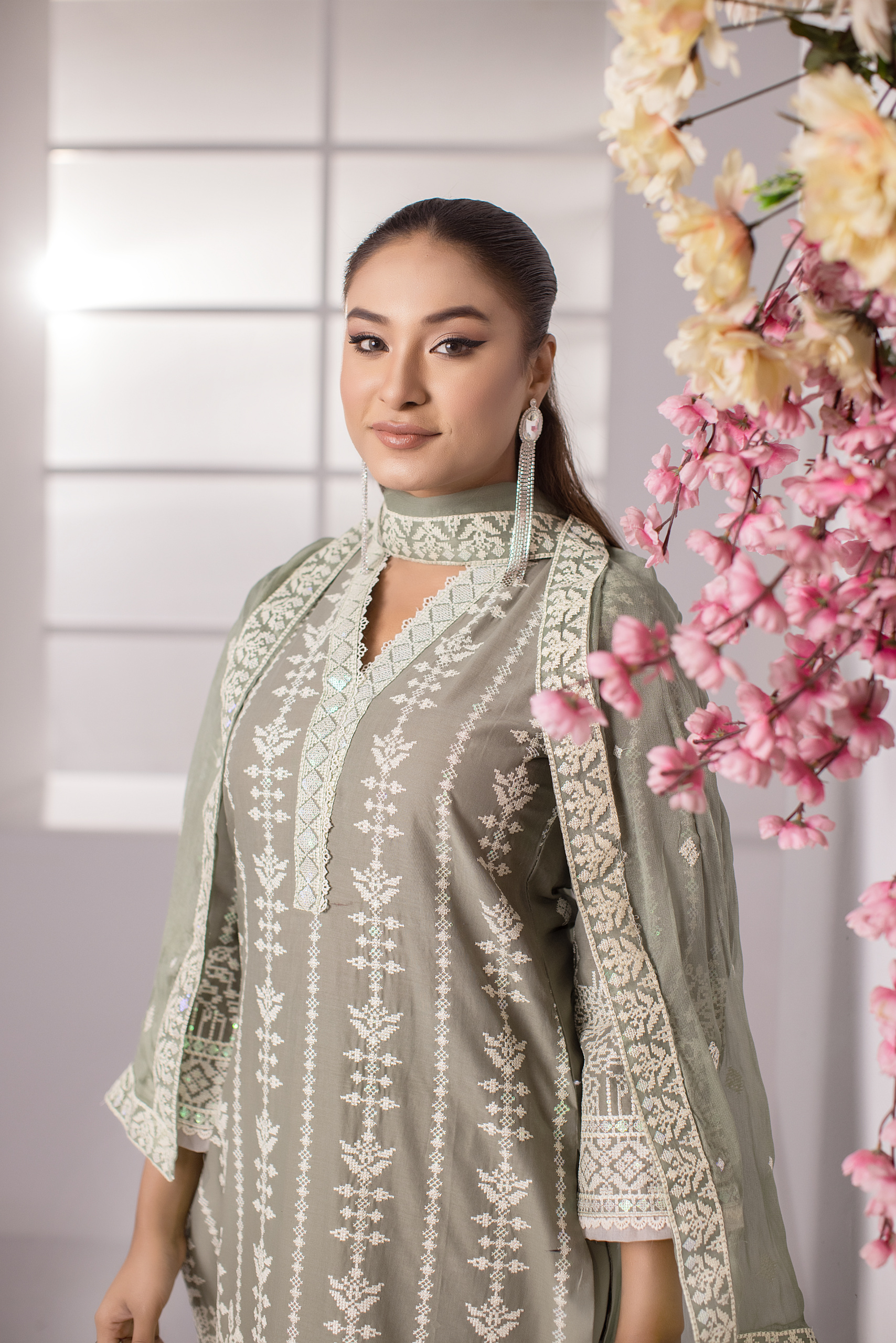 Sage Serenity — Sage Green Embroidered Cotton 3-Piece Suit for Women | Hurr e Noor - Image 2
